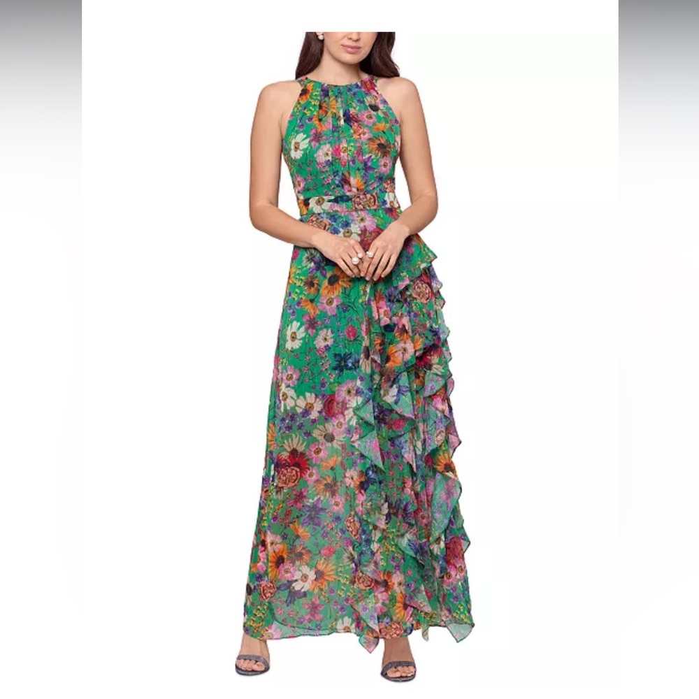 Betsy and Adam Petite Women’s Ruffled Floral Halter Gown